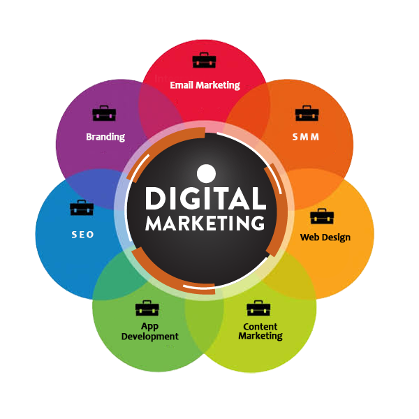 digital marketing infographic showing seo, branding ,socialmedia marketing, emailmarketing,webdesign,and content marketing