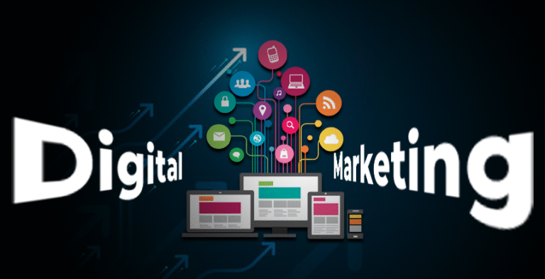digital marketing illustraton with social media icons,website screens,and online promotion.