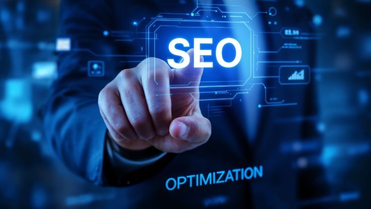 SEO optimization concept with a hand touching a digital interface.