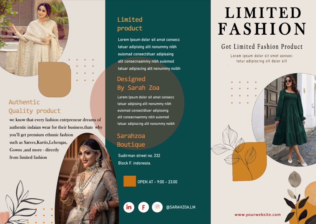 limited fashion collection brochure design showcasing models and boutique details.