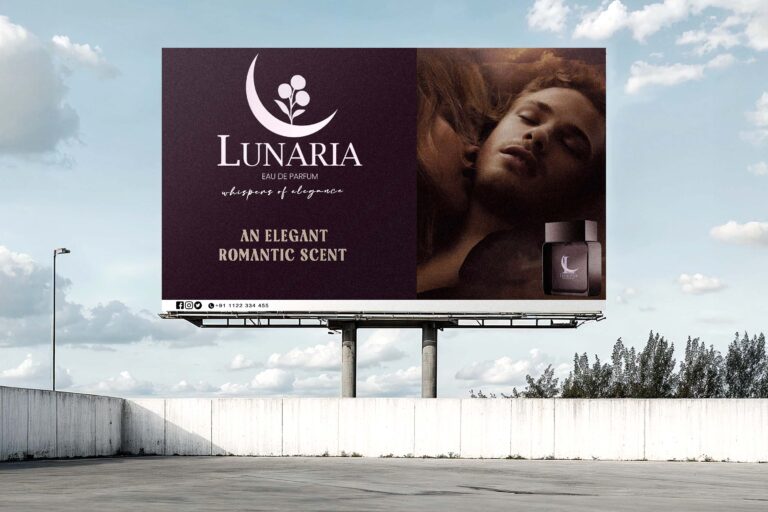 Large outdoor billboard for Lunaria eua De parfum featuring a romatic couple and the slogan an elegant romatic scent.