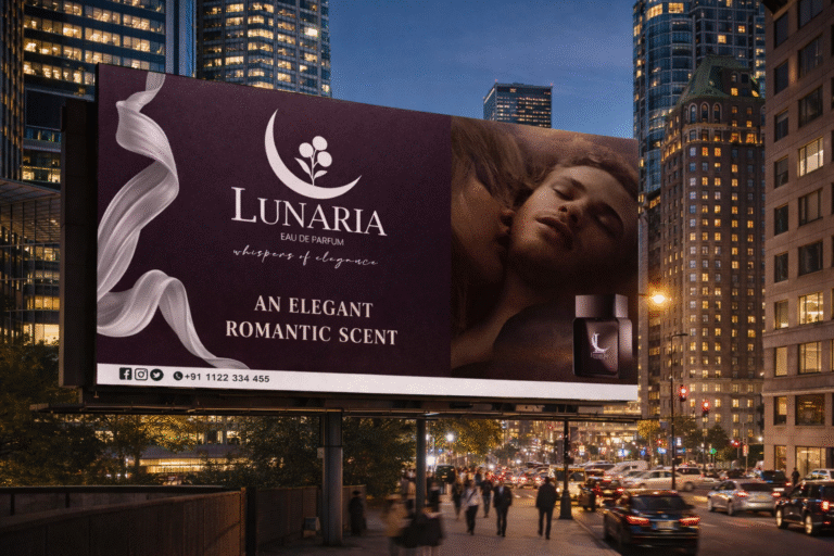 A large illuminated billboard for Lunaria perfume displayed above a busy city street at night with traffic and glowing skyacrapers.