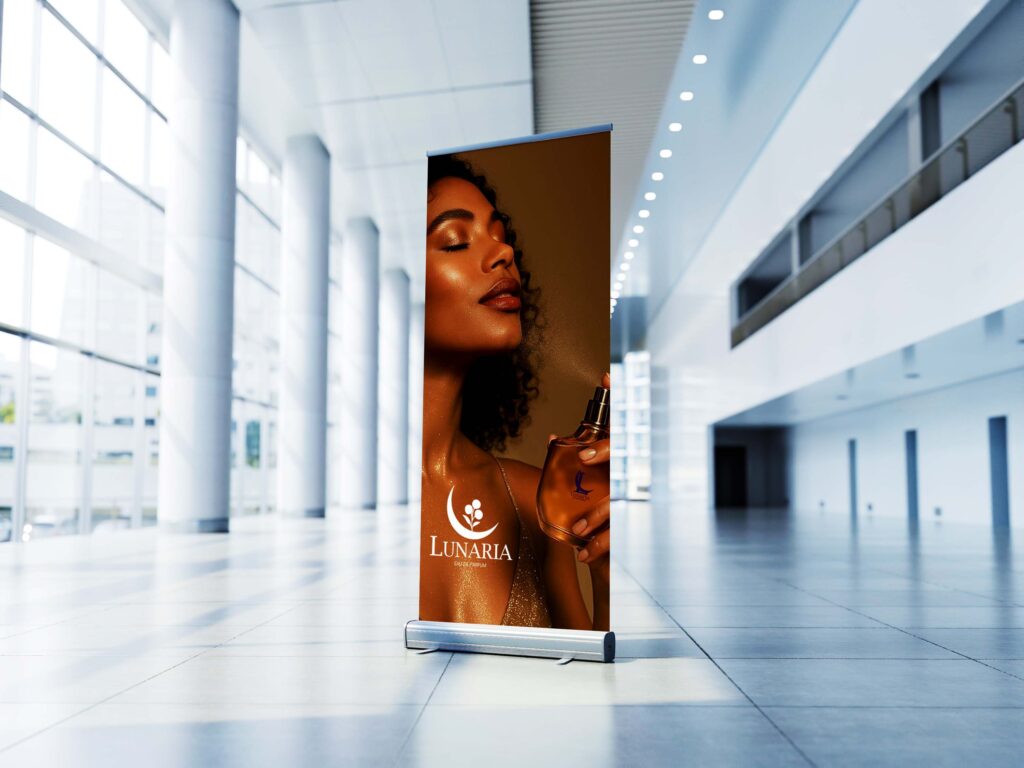 A professional roll-up banner for lunaria perfume featuring a women spraying fragrance ,displayed in a modern, bright hall.
